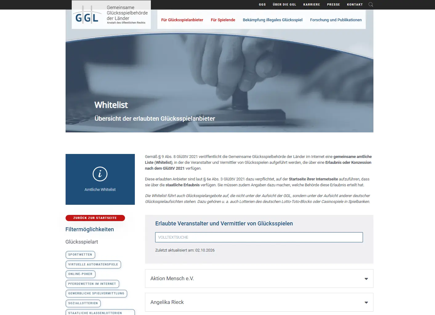 Amtliche Whitelist der Gemeinsamen Glücksspielbehörde der Länder (GGL)